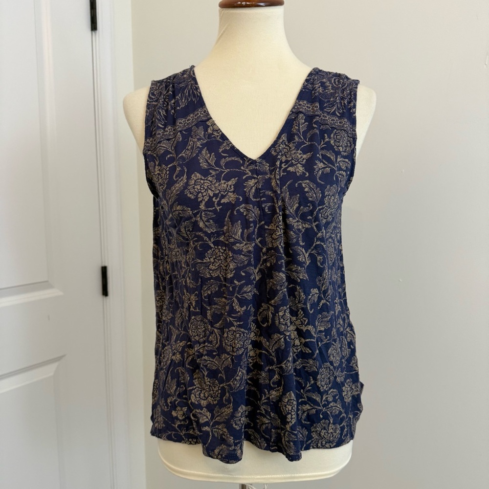 Lucky‎ Brand Sleeveless Blouse Womens Medium Blue Floral Sheer Boho Flowy